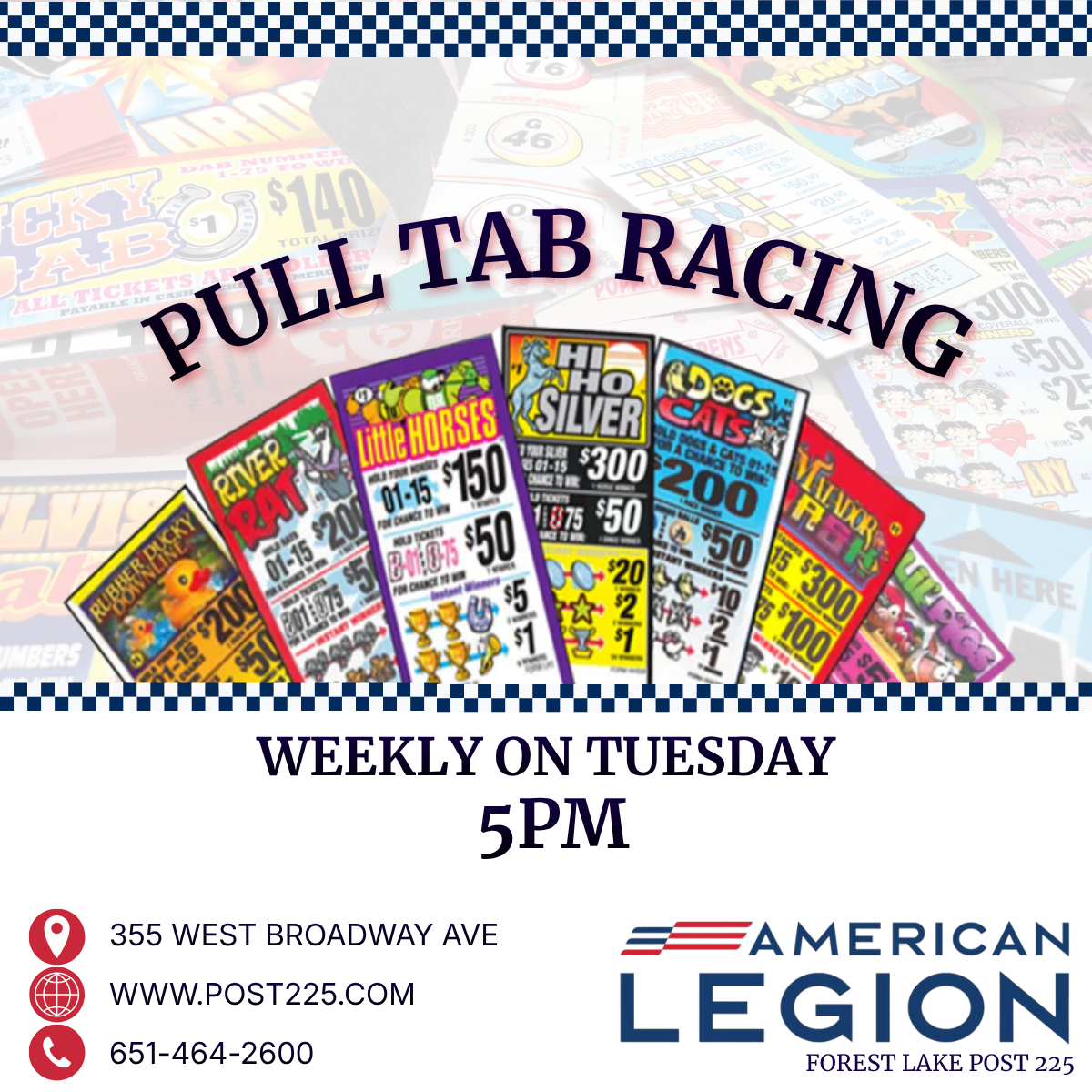 Colorful pull tab racing event advertisement for American Legion, every Tuesday at 5 PM.